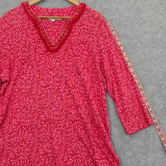 Chico’s Size 3 XL Reef Pink Red Linen Beaded Embellished Split Neck Tunic Top - Picture 14 of 14